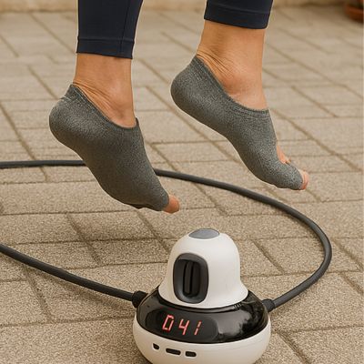 Machine corde à sauter intelligente ont y voit des pieds en chaussette de yoga sauté par-dessus le fil de la machine