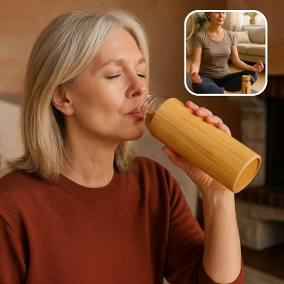 Femme en périménopause buvant dans sa bouteille en verre, moment d’hydratation bienveillant après l’effort