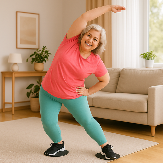 Femme mature en posture d’étirement latéral debout avec disques noirs, tenue colorée dans un salon lumineux.