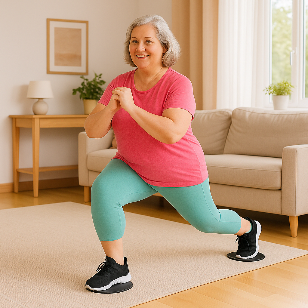 Femme de 50 ans souriante en posture de planche, utilisant les disques de glisse noirs sur tapis dans son salon cosy.