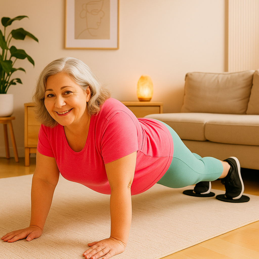 Femme de 50 ans souriante en posture de planche, utilisant les disques de glisse noirs sur tapis dans son salon cosy.