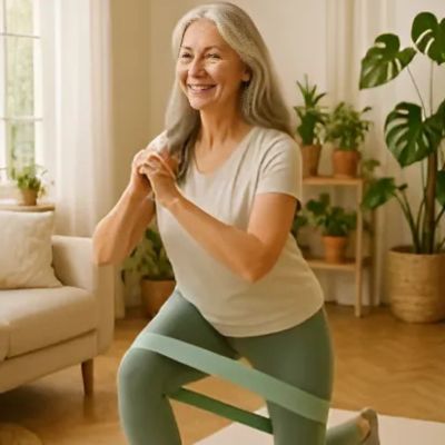 Femme de 50 ans dans son salon fait des exercices de renforcement des jambes est fessisers avec l'élastique sport au-dessus des genoux fante avant