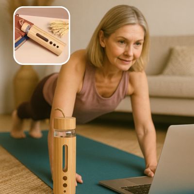 Femme de 50 ans en planche sur tapis, bouteille en verre à ses côtés, séance de sport doux à la maison
