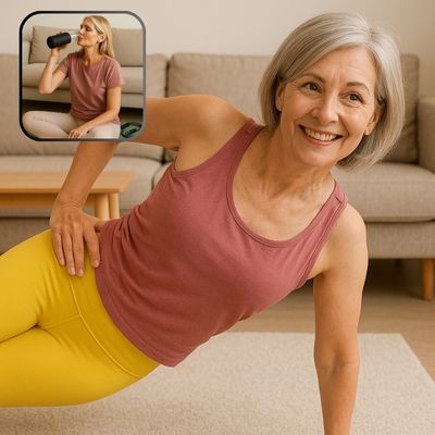Femme souriante en tenue de sport, effectuant un exercice de jambe sur tapis de yoga, avec une gourde en verre noire en arrière-plan.