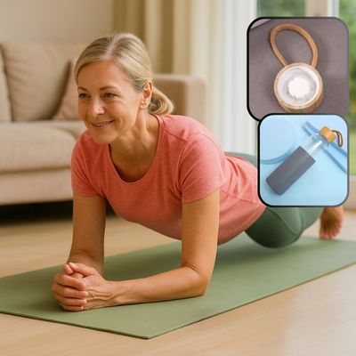 Séance de gainage d'une femme de 50 ans sur tapis vert, avec en surimpression une gourde en verre noire à bouchon bois.