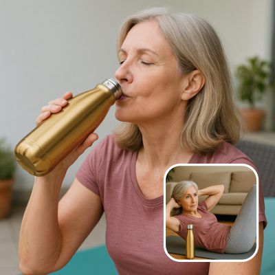 Femme de 50 ans s'hydratant après le sport avec la gourde Serenya, focus sur le geste