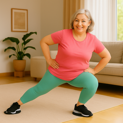 Femme de 50 ans en posture debout, glissement latéral avec disques de glisse noirs. Exercice doux pour les jambes à la ménopause."