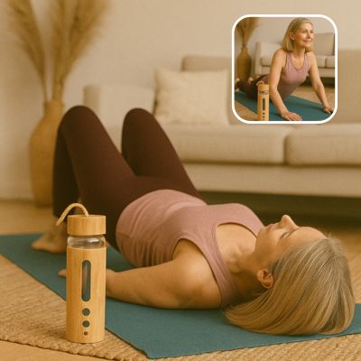 Posture de Pelvic Curls sur tapis, femme en périménopause, bouteille-en-verre bien-être à portée de main