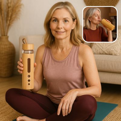 Femme souriante assise sur son tapis, tenant une bouteille en verre bambou – routine bien-être à la ménopause