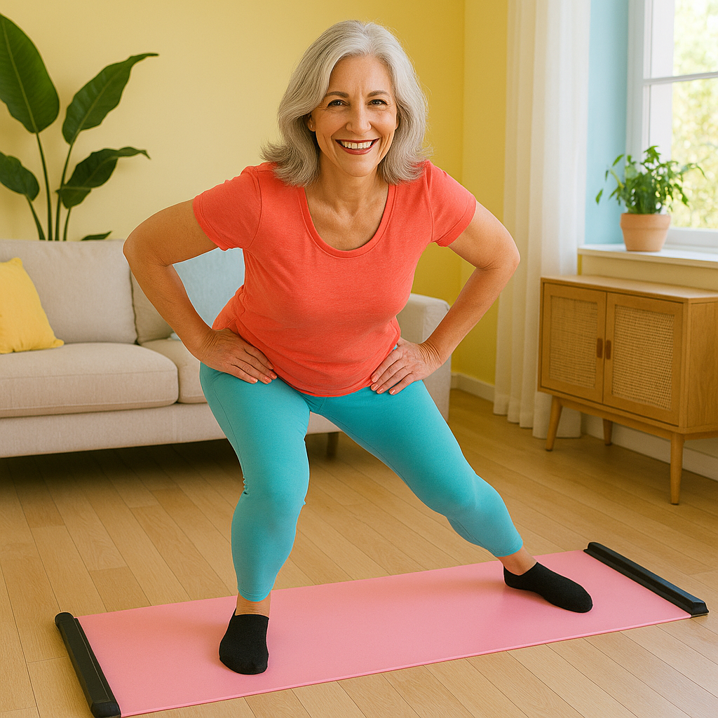 Femme ménopausée souriante en fente glissée sur un tapis de glisse rose. Mouvement cardio doux et tonifiant adapté aux femmes de 50 ans.